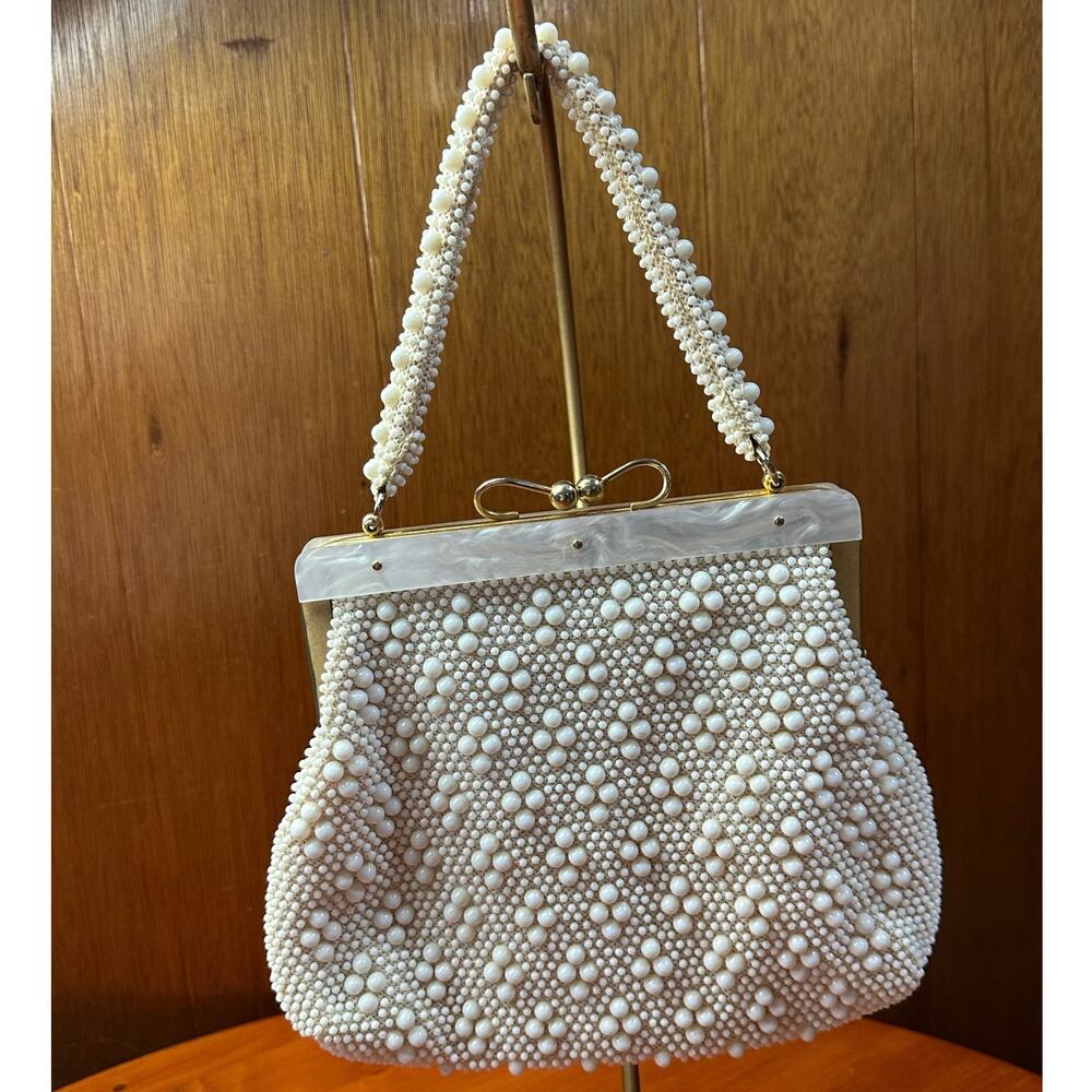 Vintage (50's-60's) White Plastic Beaded Bag - Made in Hong Kong